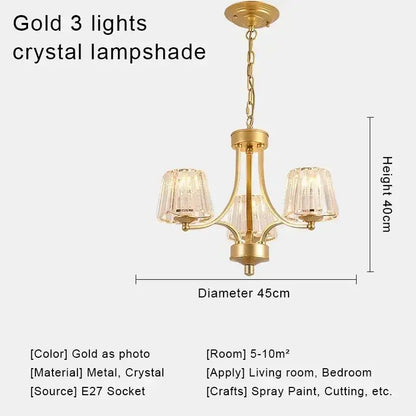 Gold-finished DecorBites crystal chandelier with three crystal lampshades featuring vertical facets for chandelier ceiling lights