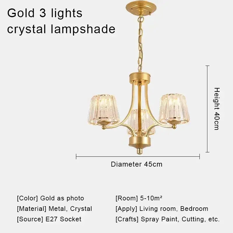 Gold-finished DecorBites crystal chandelier with three crystal lampshades featuring vertical facets for chandelier ceiling lights