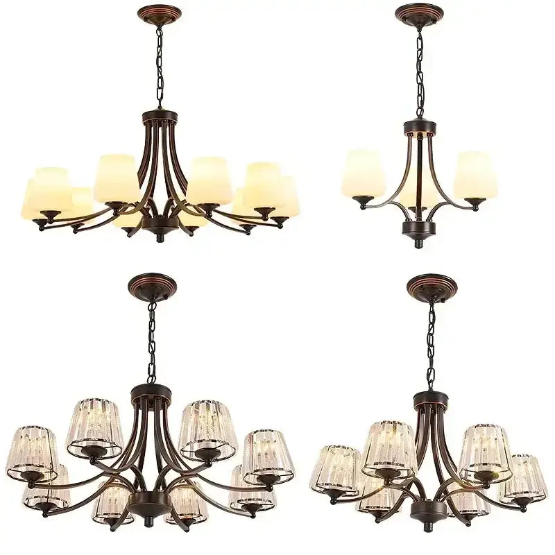 Four elegant bronze-finished decorbites crystal chandelier ceiling lights with frosted glass shades and crystal accents