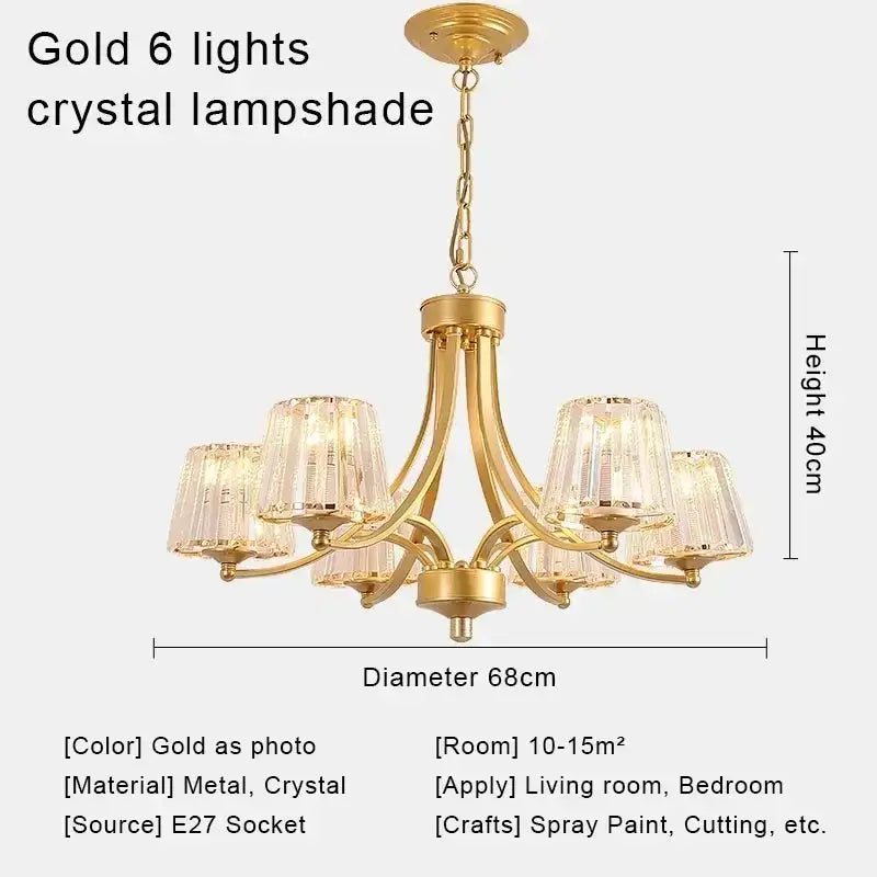 Decorbites crystal chandelier with six crystal lampshades and gold metallic frame for modern living spaces chandelier ceiling lights