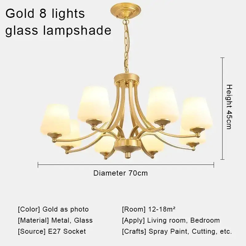 Gold-finished decorbites crystal chandelier with eight frosted glass lampshades for modern chandelier ceiling lights
