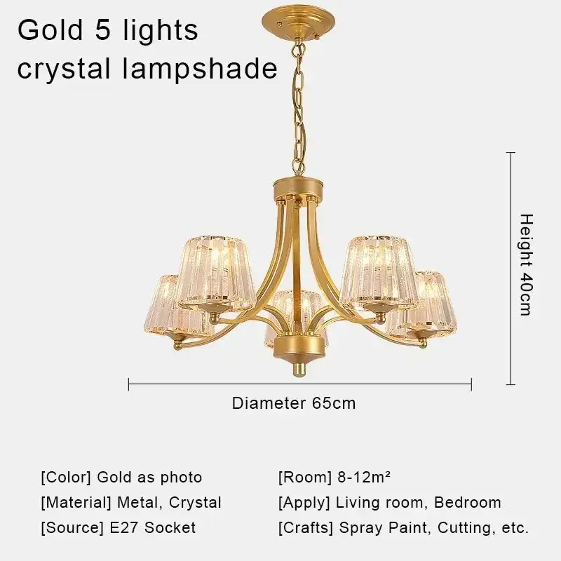 Gold-finished DecorBites crystal chandelier with five crystal lampshades featuring vertical facets for modern living spaces