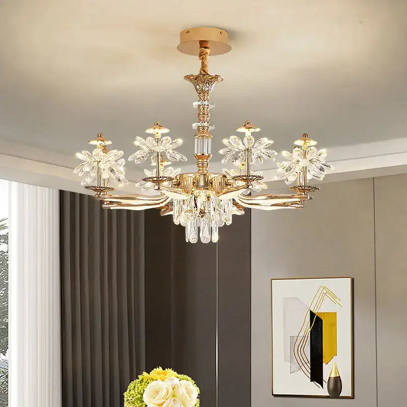 Gold-toned crystal chandelier ceiling pendant light with flower and teardrop accents for living dining and bedroom lighting