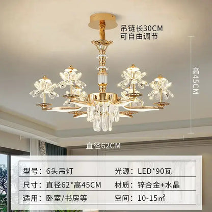 Gold-toned six-arm DecorBites crystal chandelier ceiling pendant light with flower and droplet accents for home lighting