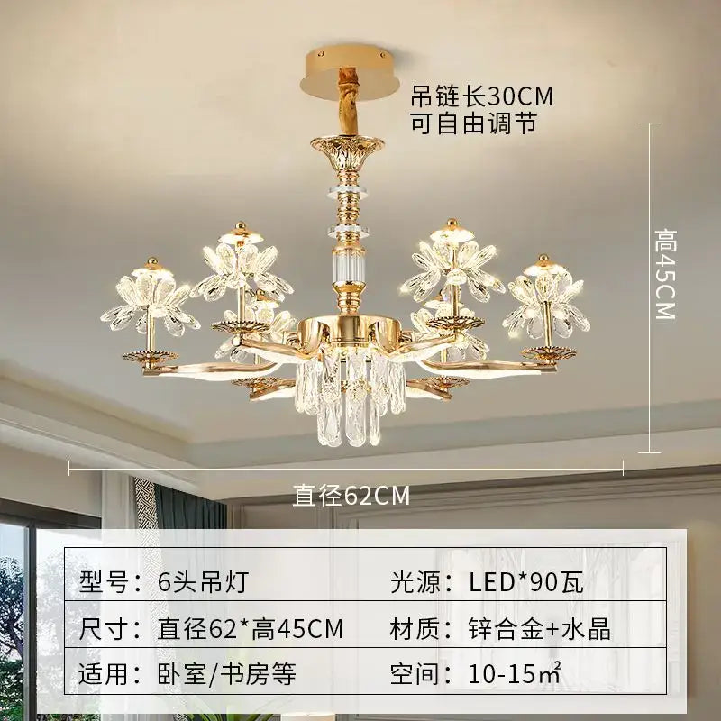 Gold-toned six-arm DecorBites crystal chandelier ceiling pendant light with flower and droplet accents for home lighting