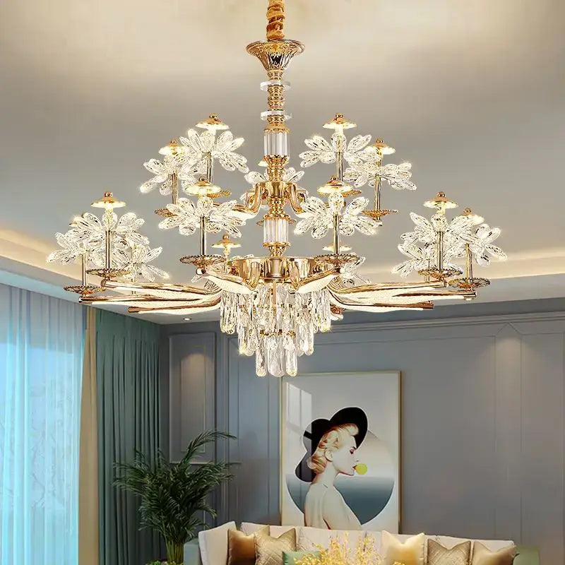 Gold-toned DecorBites™ crystal chandelier ceiling pendant light with flower accents for living dining and bedroom use