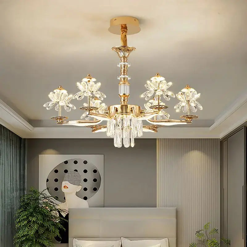 Gold-toned DecorBites crystal chandelier ceiling pendant light with flower and droplet accents for home lighting