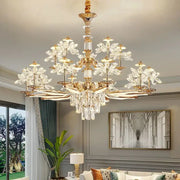 Elegant gold-toned DecorBites™ crystal chandelier ceiling pendant light with flower accents for living and dining rooms