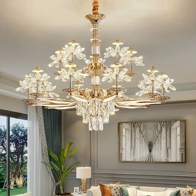 Elegant gold-toned DecorBites™ crystal chandelier ceiling pendant light with flower accents for living and dining rooms