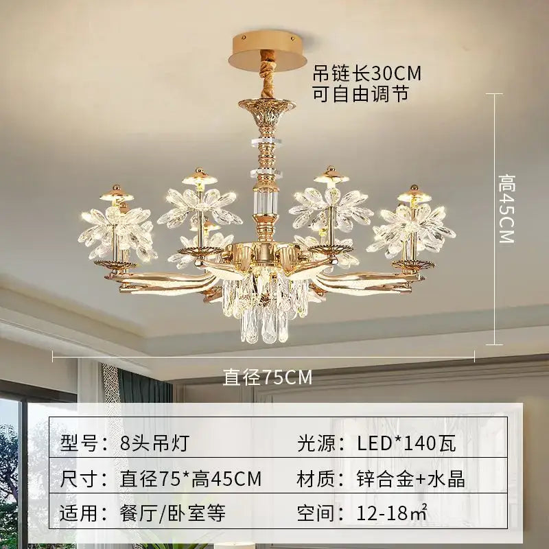 Gold-toned DecorBites™ crystal chandelier ceiling pendant light with zinc alloy frame and glass flower accents for home lighting