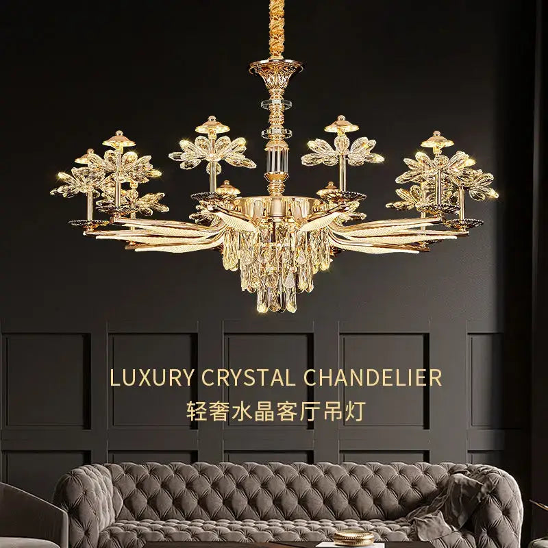 Decorbites™ gold-toned crystal chandelier ceiling pendant light with intricate floral design and glass droplets for home lighting