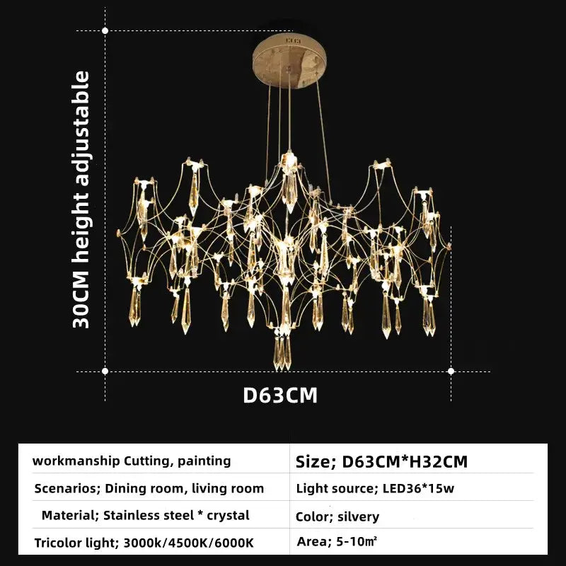 A silvery decorbites crystal chandelier pendant light with a delicate spiderweb design and crystal droplets
