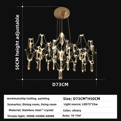 A silvery decorbites crystal chandelier pendant light with a delicate spiderweb design in stainless steel and crystal