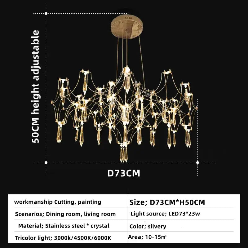 A silvery decorbites crystal chandelier pendant light with a delicate spiderweb design in stainless steel and crystal