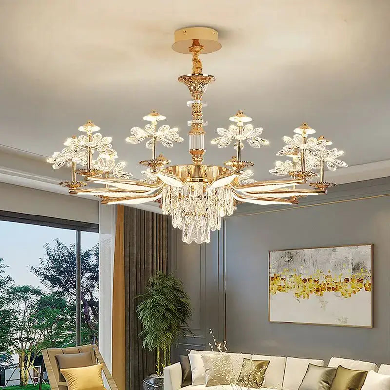 Gold-toned DecorBites™ crystal chandelier ceiling pendant light with crystal flower accents for living and bedroom lighting