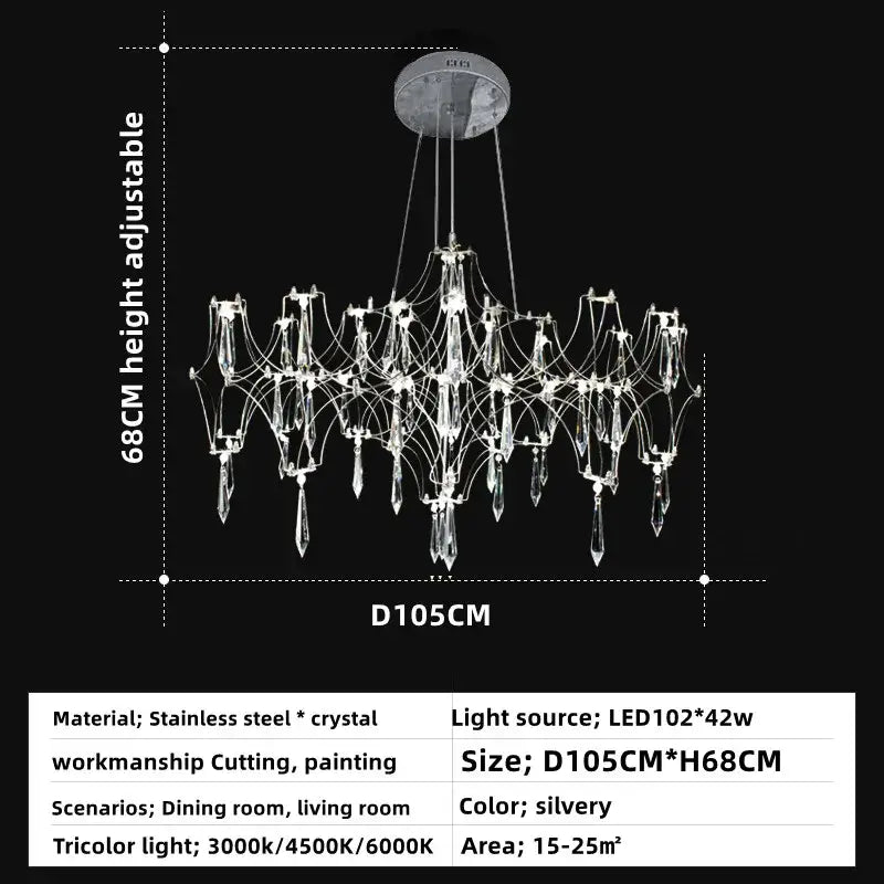 Silvery decorbites crystal chandelier pendant light with intricate design crystal droplets and stainless steel arms for home lighting