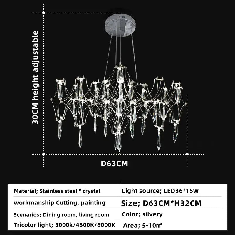 Silvery DecorBites crystal chandelier pendant light with modern stainless steel and crystal design for living spaces