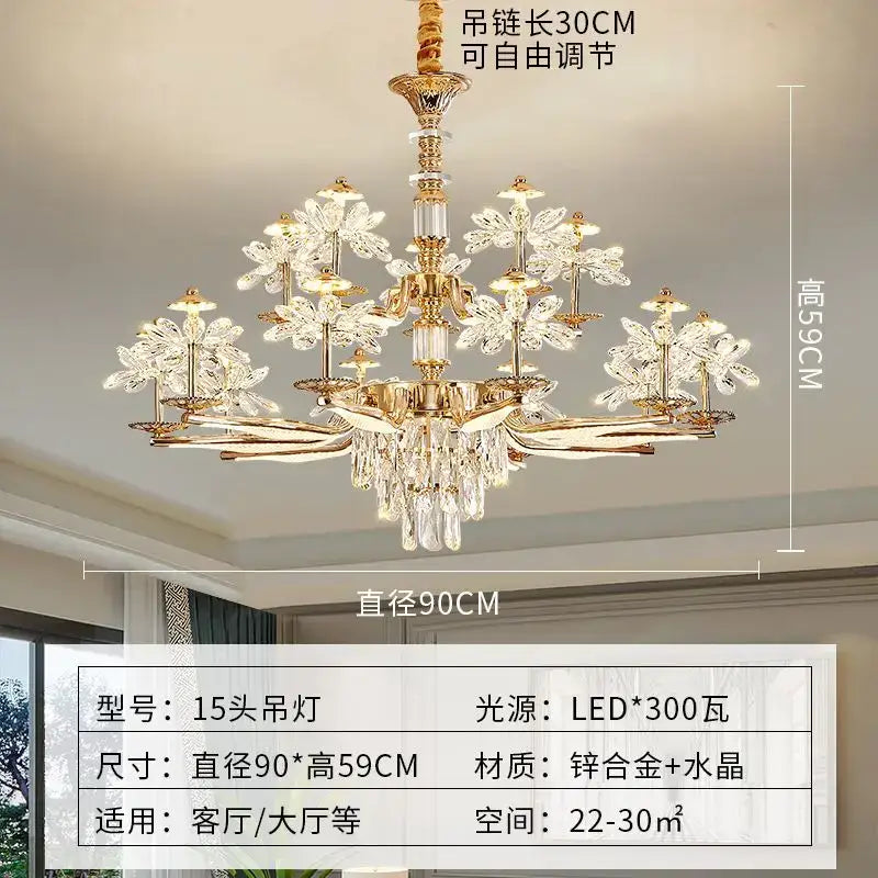 DecorBites™ crystal chandelier ceiling pendant light with 15 golden arms and clear crystal flower shades for home lighting