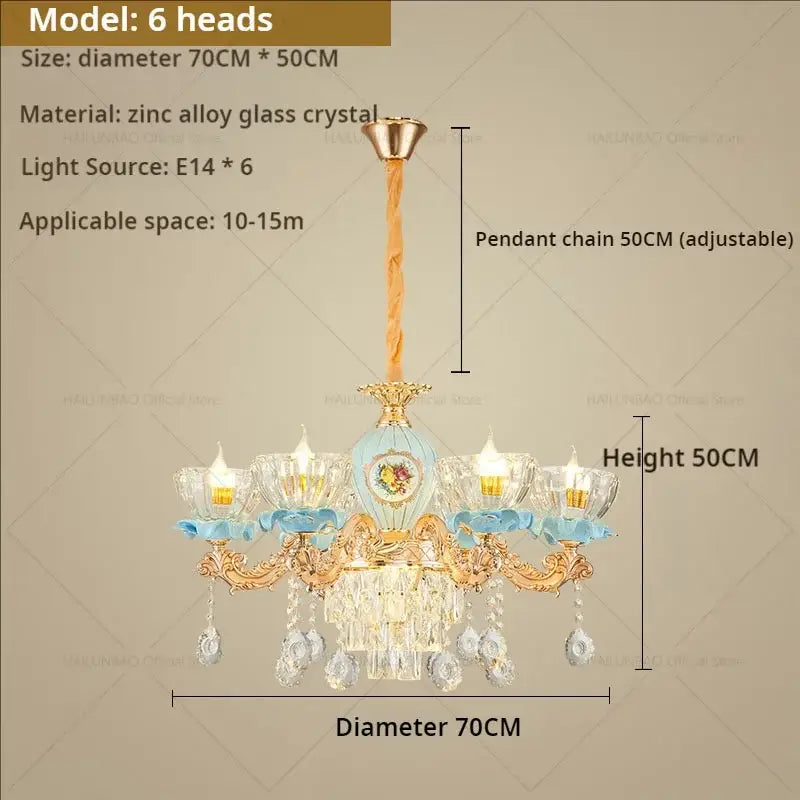 DecorBites crystal chandelier with blue glass orb and gold metal arms featuring crystal candle-style lamps for living room lighting