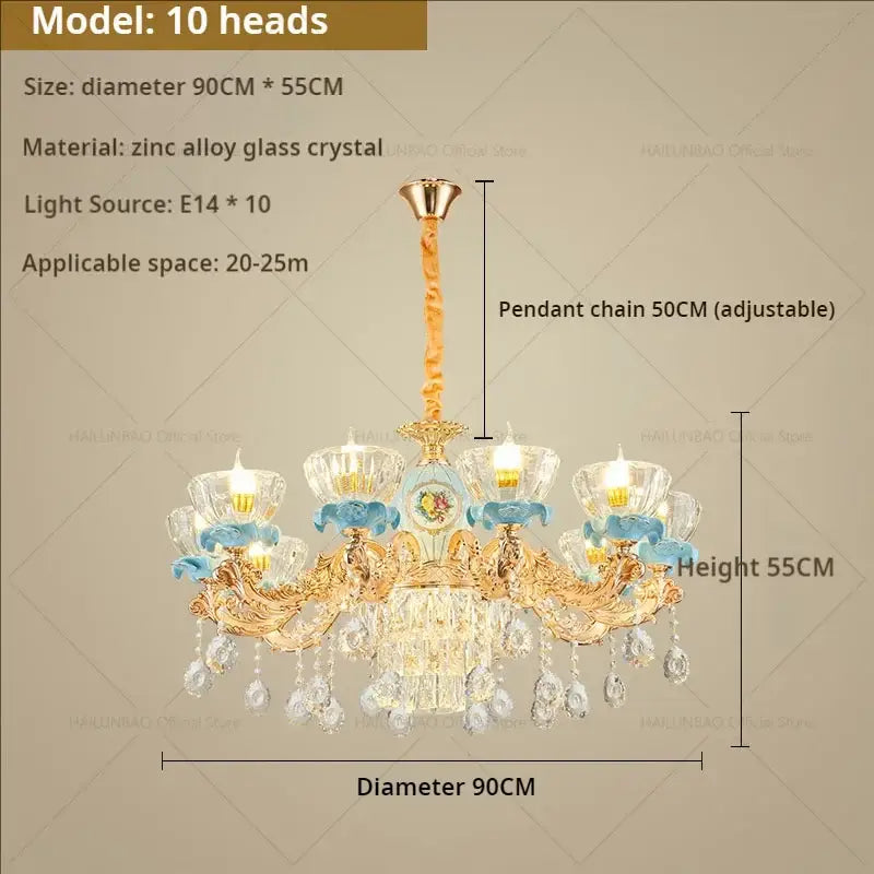 Gold-toned decorbites crystal chandelier with ten blue-accented crystal arms and clear dangling crystals for living room luxe lighting
