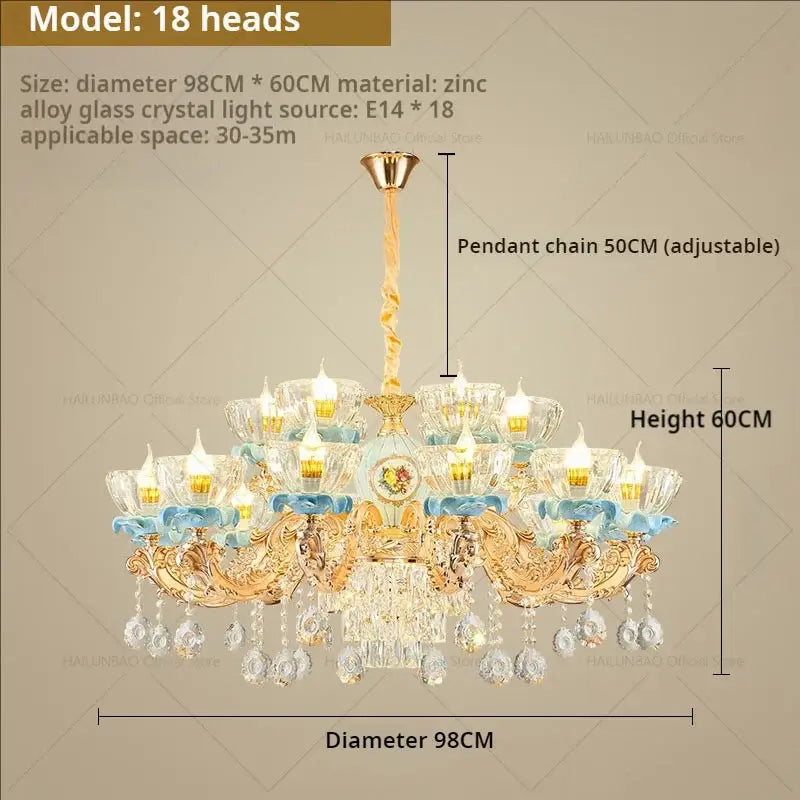 Ornate gold and blue crystal decorbites crystal chandelier with 18 lights for luxe living room lighting