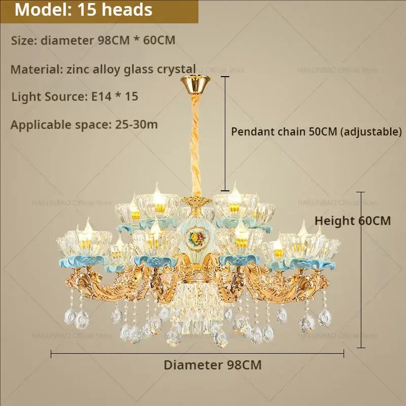 Ornate gold and blue crystal chandelier with 15 light heads by DecorBites crystal chandelier for living room luxe lighting