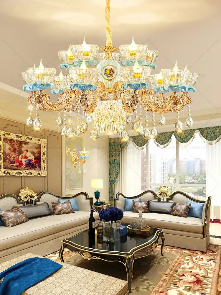 Decorbites crystal chandelier with gold-toned metalwork crystal droplets and light blue ceramic accents for living room luxe lighting