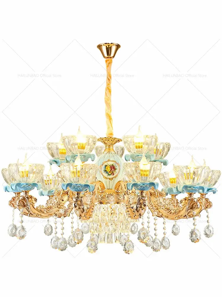 Elegant gold and crystal decorbites crystal chandelier with painted glass vase and light blue ceramic bases for living room luxe lighting