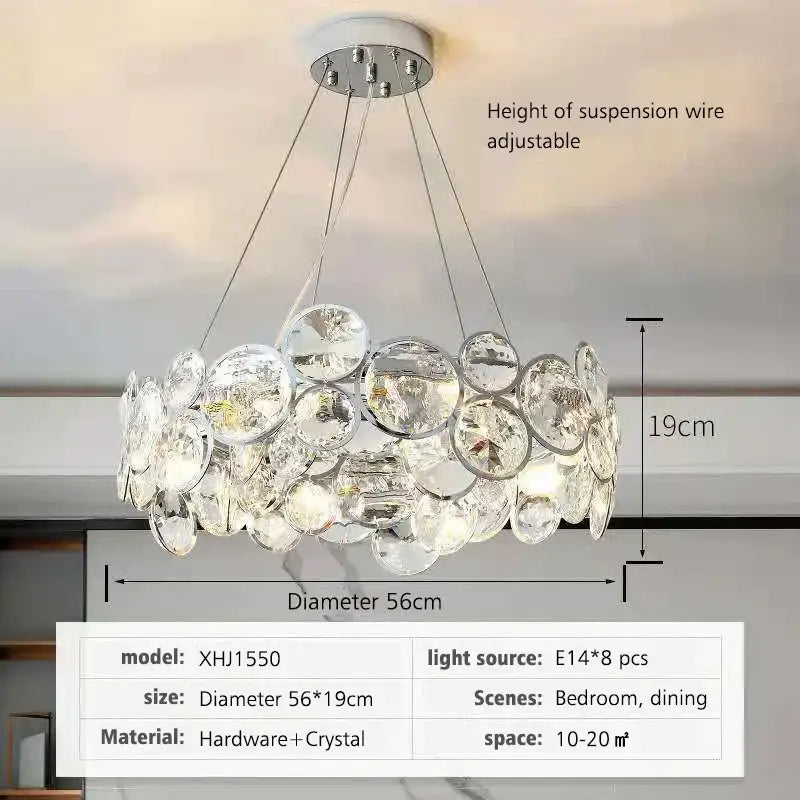 DecorBites crystal pendant light fixture with clear glass discs and chrome finish for modern luxury home décor