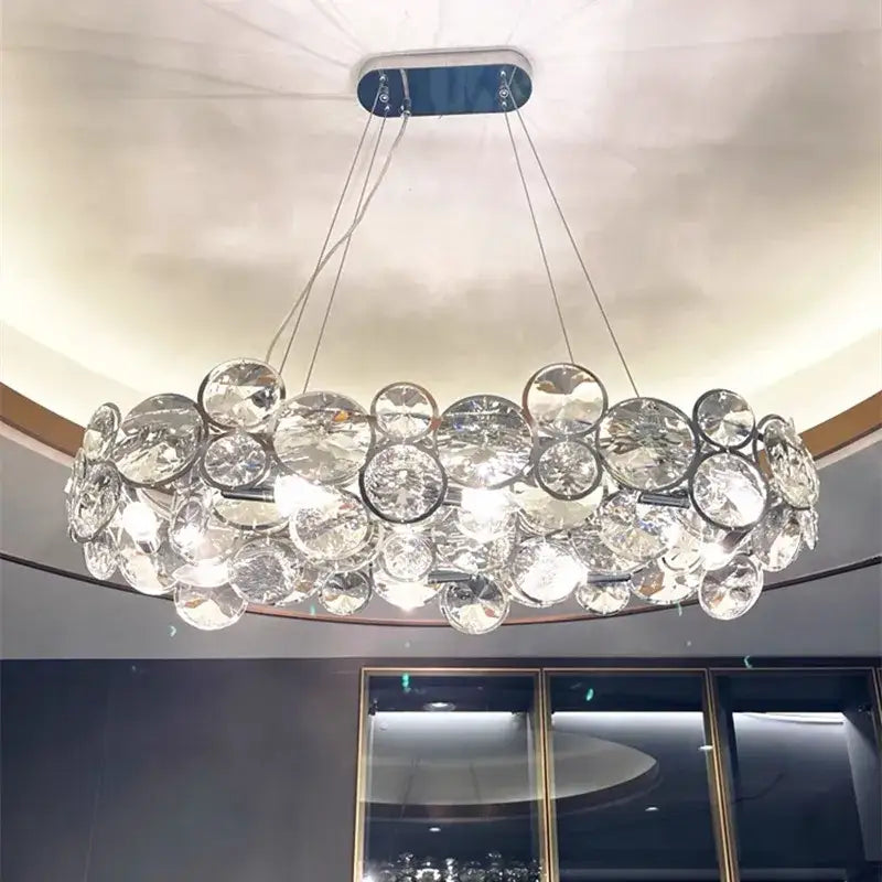 Decorbites crystal chandelier chrome pendant light fixture with clear faceted crystal discs for modern luxury lighting