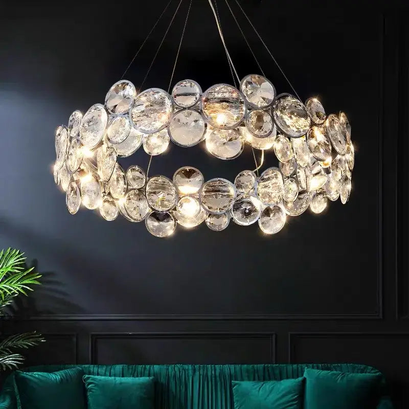 DecorBites™ crystal chandelier pendant light fixture with clear faceted glass discs in overlapping chrome rings for luxury decor