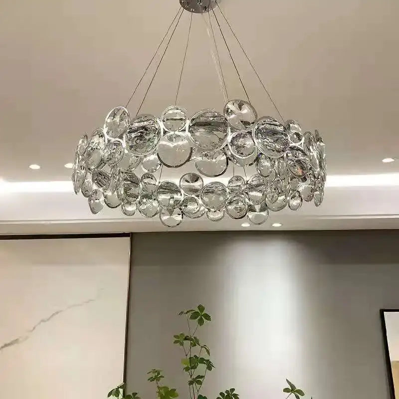 DecorBites crystal chandelier chrome pendant light fixture with clear bubble glass discs for modern luxury décor