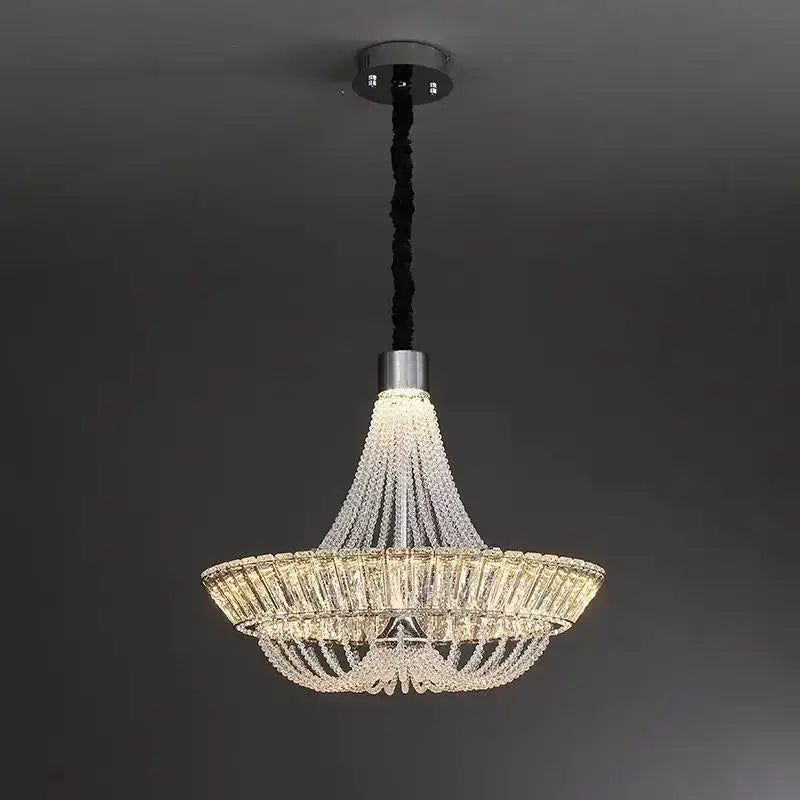 DecorBites crystal chandelier with chrome finish and cascading clear glass prisms for elegant living room lighting