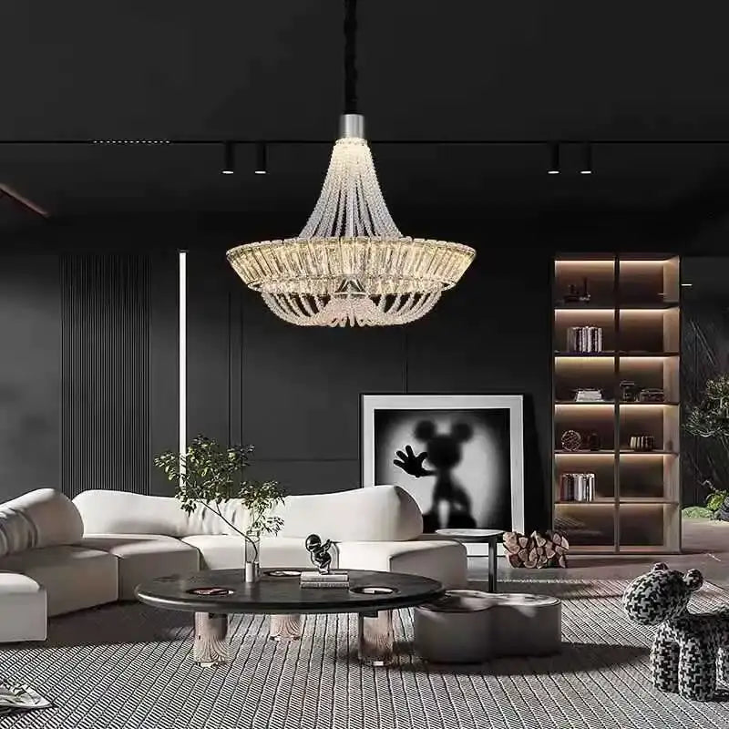 Decorbites crystal chandelier with cascading crystal strands and chrome gold frame for elegant living room lighting