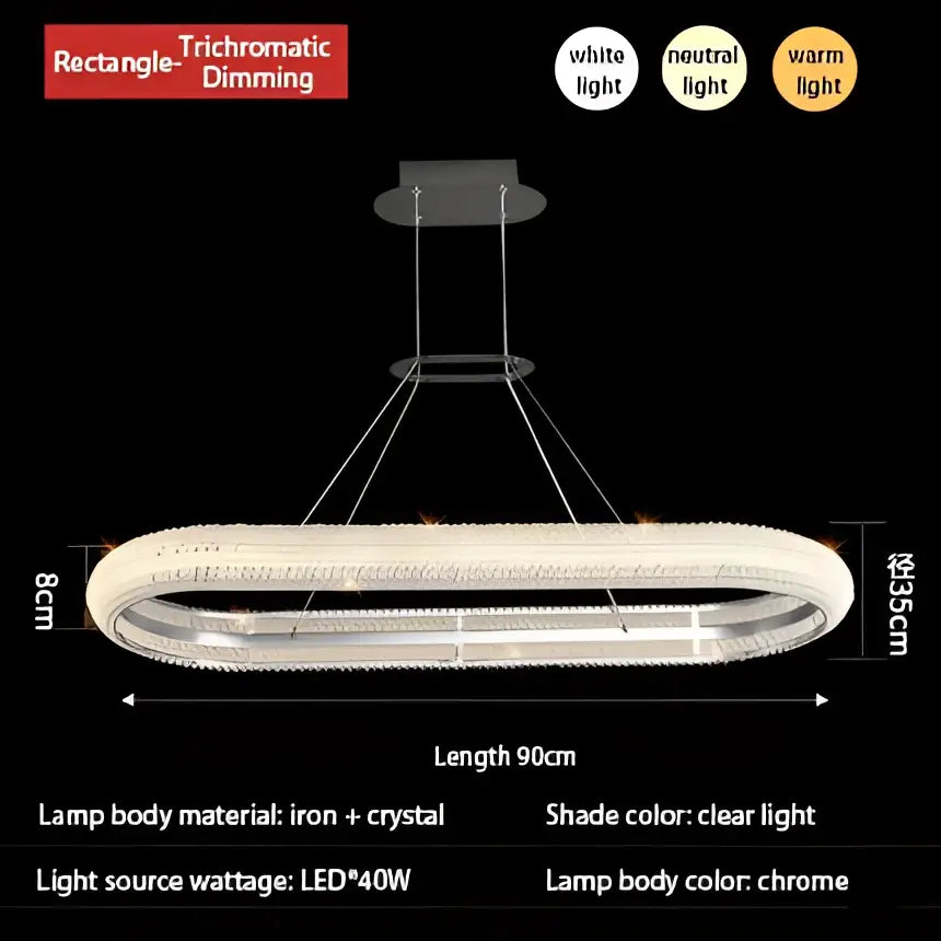 Chrome-finished crystal chandelier with oval shape and trichromatic dimming for decorbites modern luxury decor