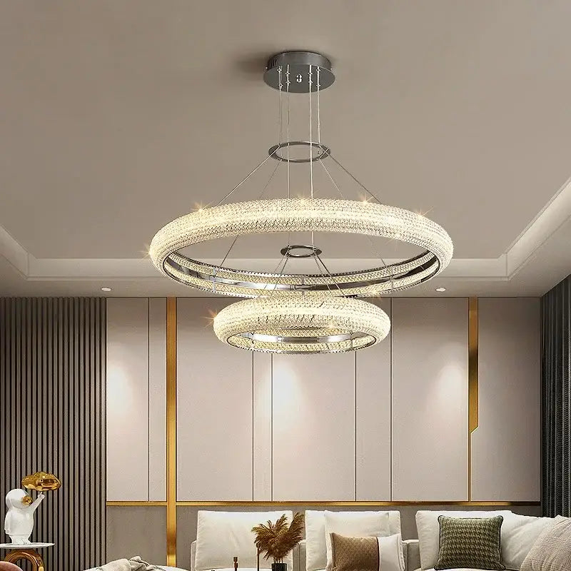 Modern double-ring crystal chandelier with chrome finish and LED lights for decorbites modern luxury décor