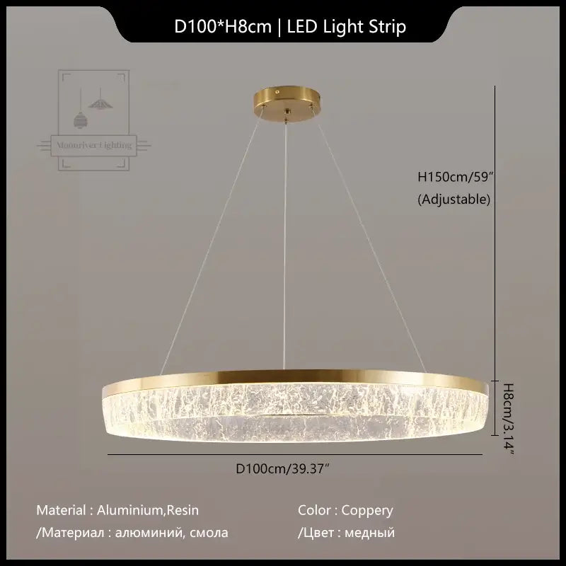 Coppery DecorBites crystal chandelier circular pendant light with textured resin ring and adjustable LED strip for dining table