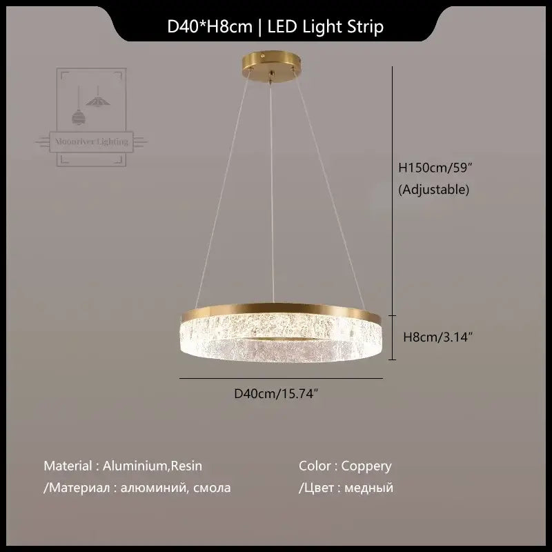 Coppery circular DecorBites crystal chandelier pendant light with textured resin ring and aluminum frame for dining decor