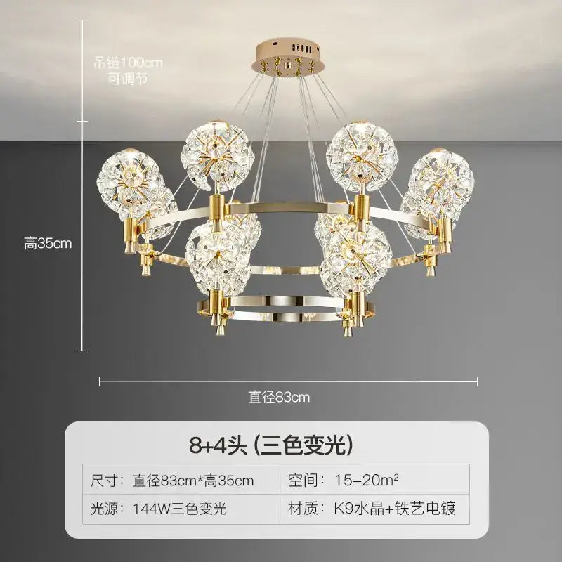Gold-toned decorbites crystal chandelier with eight dandelion k9 crystal globes and iron art electroplating for luxe spaces