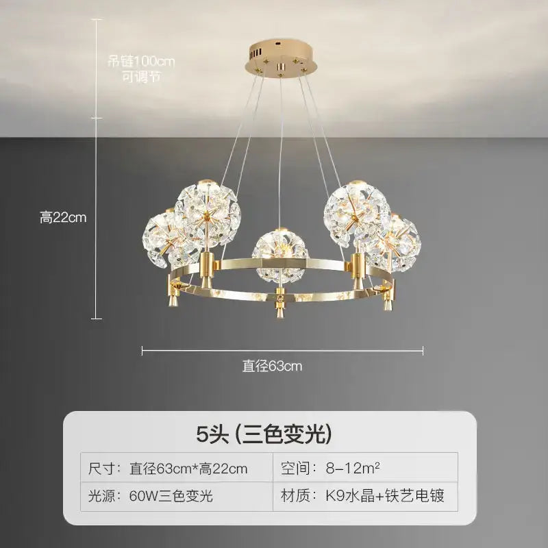 Gold-toned decorbites crystal chandelier with five dandelion crystal globes for luxe living room or master bedroom