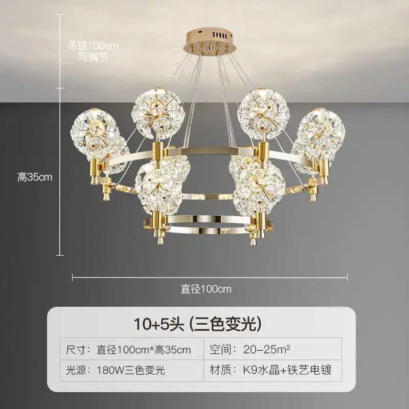 Gold-toned decorbites crystal chandelier with ten k9 crystal flower shades and five lights for luxe living spaces