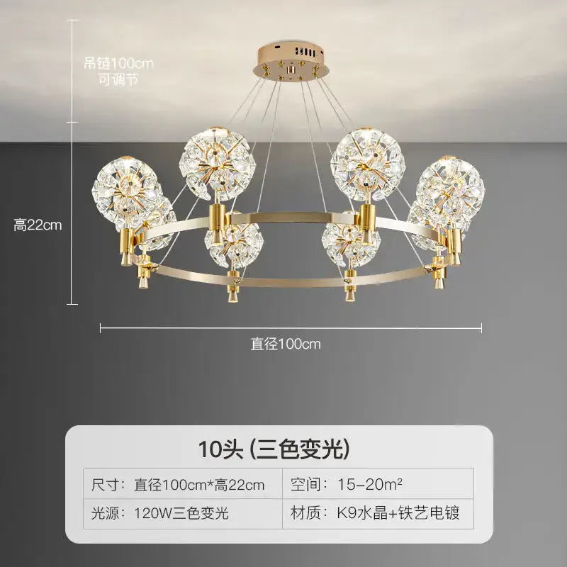 Gold-toned decorbites crystal chandelier with ten crystal globe lights in a dandelion design for luxe living spaces