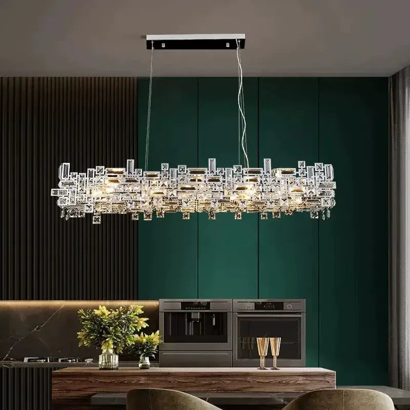 Decorbites crystal chandelier with sleek black mount and clear crystal prisms for living room and dining table lighting