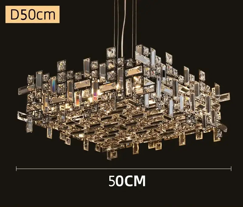 A modern decorbites crystal chandelier with clear and gold-toned crystal prisms in a layered geometric design