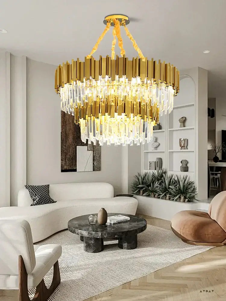 A decorbites crystal chandelier featuring dimmable gold and black stainless steel with cascading clear glass rods