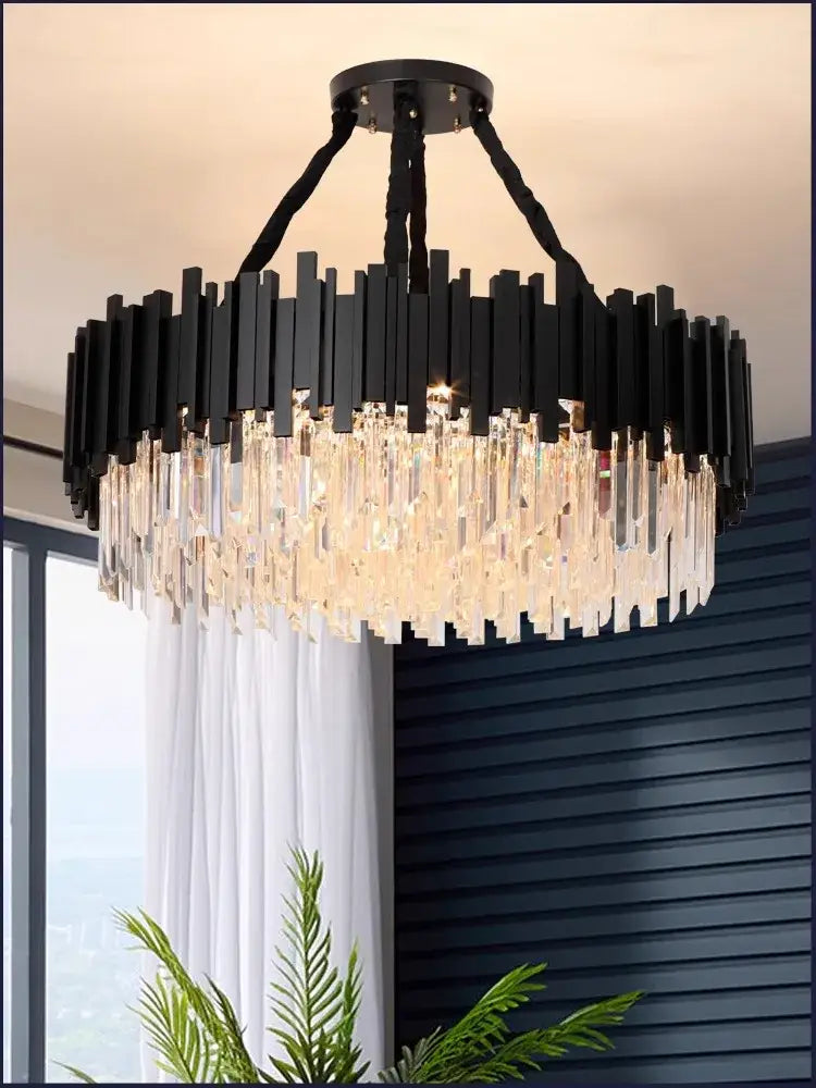 Black metal decorbites crystal chandelier with cascading clear crystal prisms dimmable gold black stainless steel lamp