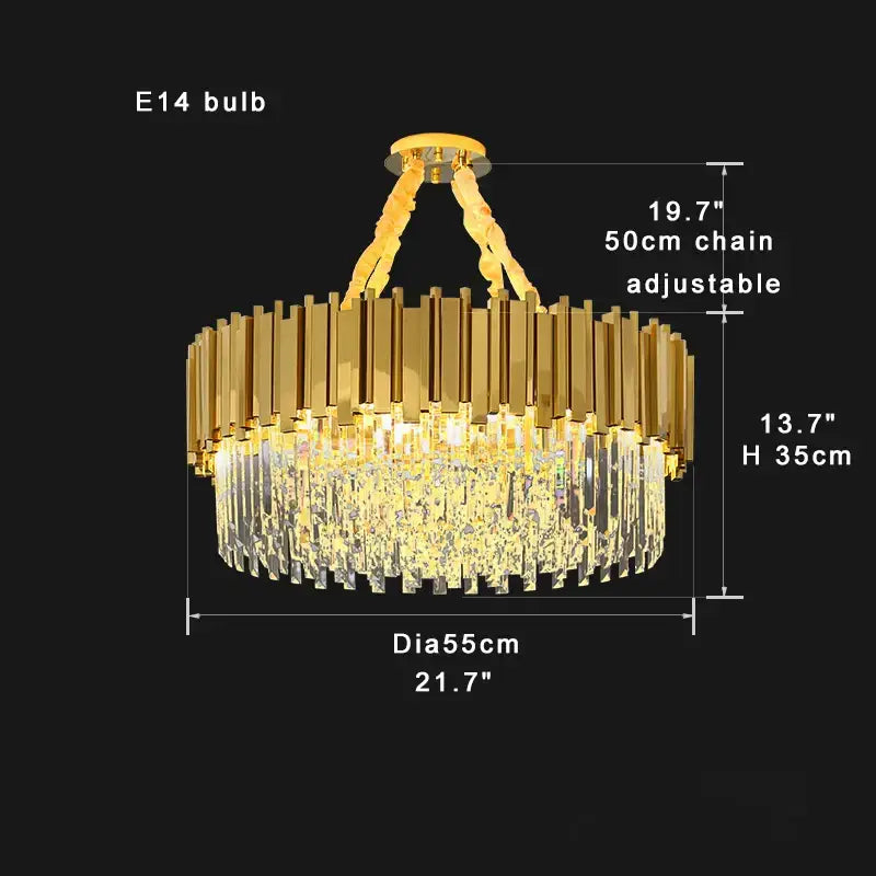 Gold-toned decorbites crystal chandelier with circular metal rods and cascading crystal prisms in stainless steel frame