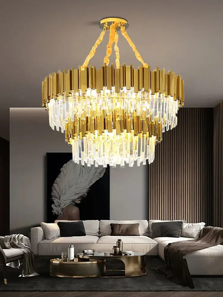 A luxurious decorbites crystal chandelier with dimmable gold and black stainless steel tiered bars and clear glass prisms