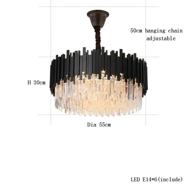 DecorBites crystal chandelier dimmable gold black stainless steel hanging lamp with modern tiered design and clear crystals