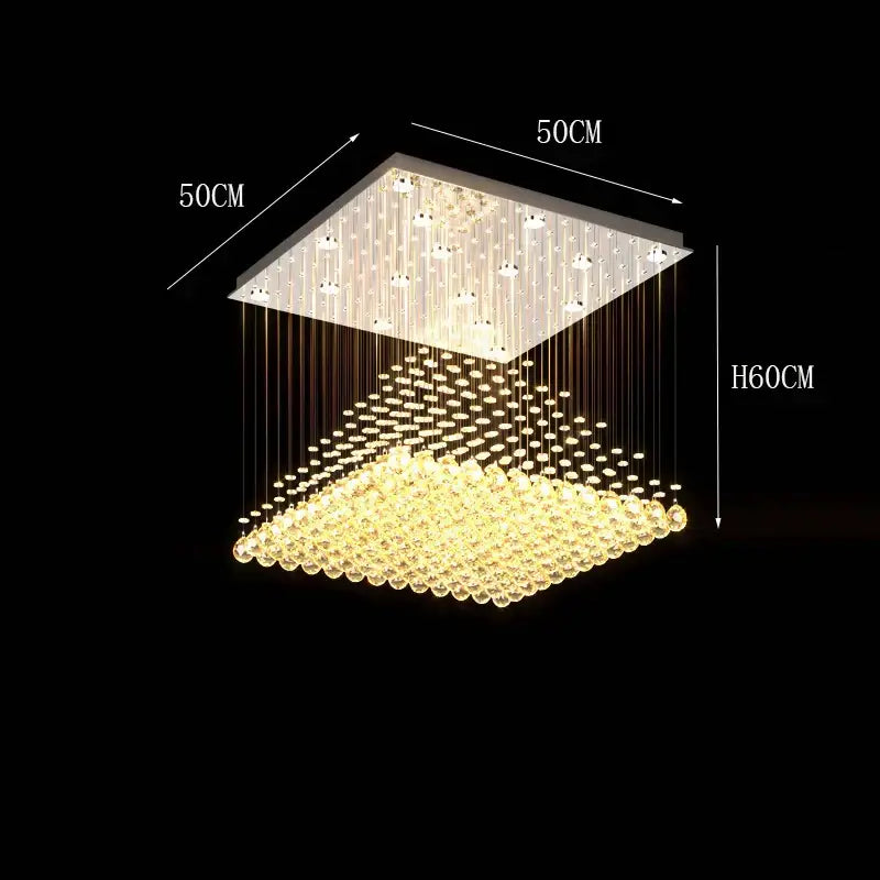 Square decorbites crystal chandelier with 50cm top panel and golden glass bead strands for indoor dining room use